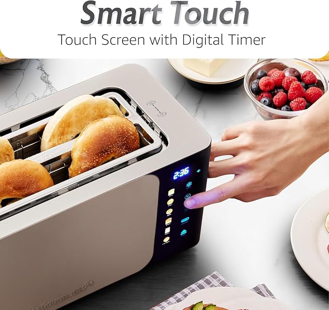 Elite Gourmet ECT5924D SmartToast Digital 4-Slice Toaster, 1370W, Steel | Touch Screen, 6 Shades & 6 Bread Types, Extra-Wide 1.5" Slots Fit Bagels & Texas Toast, Defrost & Reheat - Even Heat