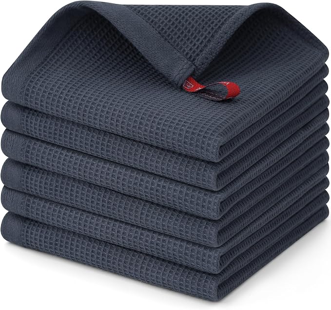 Homaxy 100% Cotton Waffle Weave Dish Cloths, 6 Pack, Dark Grey | Soft and Absorbent Dish Towels, 12 x 12 Inches Quick Dry Dish Rags