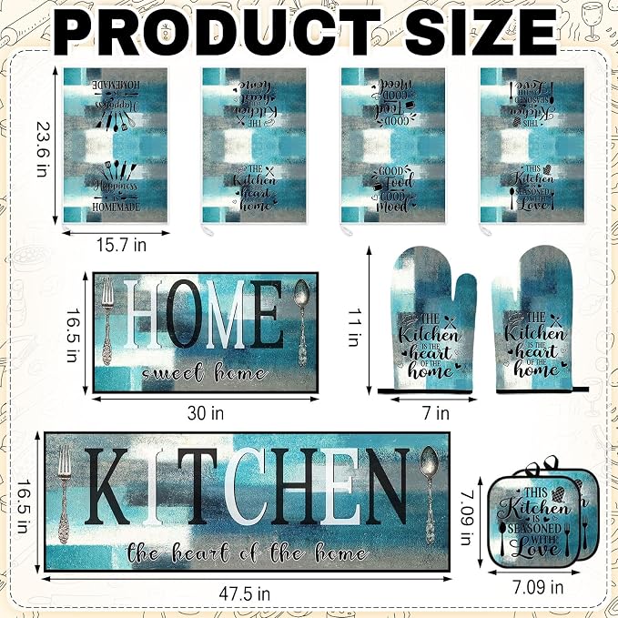 10 Pcs Kitchen Decor and Accessories Set, Farmhouse Teal | 4 Dish Towels Kitchen Rugs 2 Oven Mitts 2 Pot Holders, Home Decor for Cooking Baking BBQ Gifts Women Mom Housewarming