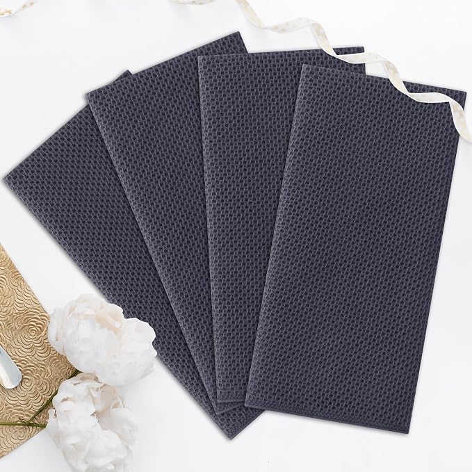 Kitinjoy 100% Cotton Waffle 4-Pack Kitchen Towels, 20" x 28", Dark Grey | Super Soft, Ultra-Absorbent, Fast Drying, lightweight, Quick Drying Kitchen Hand Towels