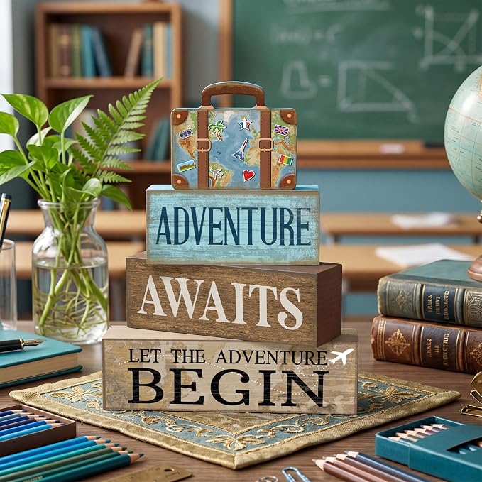 Lineshading Pcs Travel Party Decoration Vintage Adventure Await Table Decor | Stackable Rustic Decor, Bon Voyage Party Centerpiece, Luggage Design, Tiered Tray Decorations, Travel Retirement Gift