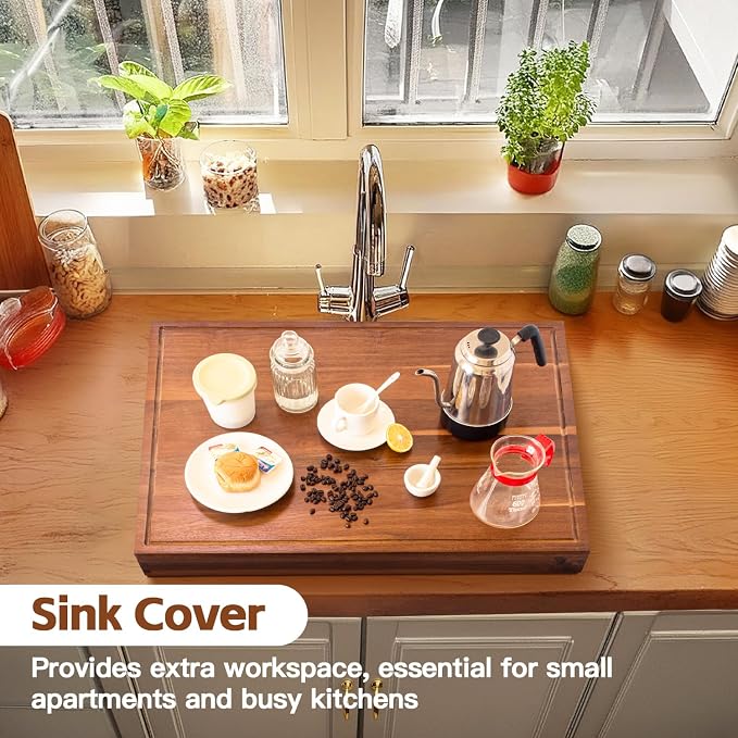 DAOYOUSKY 30x22 Acacia Noodle Board Stove Cover Wood with Handles, Wooden Stovetop Cover Cutting Board with Juice Groove for Gas Stove and Electric Stove Top, kitchen sink cover for counter space