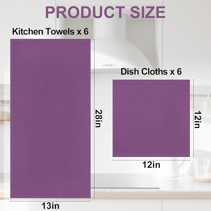 Homaxy 12 Pack 100% Cotton Kitchen Towels and Dishcloths Set, Purple | 12 x 12 Inches and 13 x 28 Inches Kitchen Towels Set, Ultra Soft Absorbent Dish Cloths for Washing Dishes