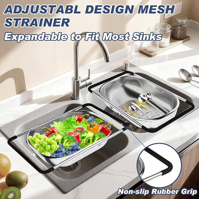 Over the Sink Colander, Expandable Strainers and Colanders with Fine Mesh, Colander for Kitchen with Rubber Grip for Draining Pasta, Vegetables and Fruits - Essential Kitchen Sink Strainer