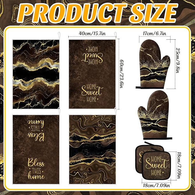 Leinuosen Brown and Gold Marble 8 Pcs Kitchen Towels and Dishcloths Sets Oven Mitts and Pot Holders Absorbent Kitchen Gloves Potholders Heat Resistant for Chef Baking Cooking