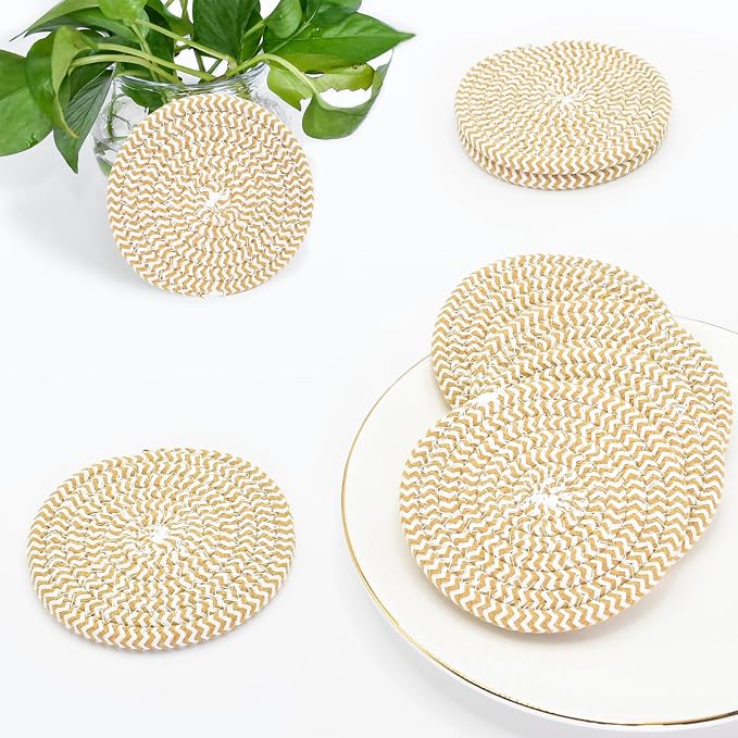 ABenkle 8 Pcs Drink Coasters with Holder, Cotton Woven Absorbent Coasters for Drinks, Minimalist Home Decor Coaster Set for Wooden Tabletop Protection Table, 4.3 inches