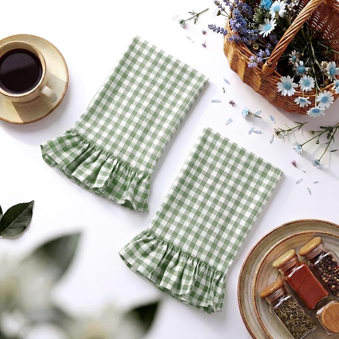 HunnmingRe 2 Pcs Green Gingham Kitchen Towels Cotton Ruffled | Checked Dish Towels 18"x28" Tea Cloths Plaid Cottage Core Kitchen Decor for Farmhouse Charm Drying Dishes Entertaining Guests