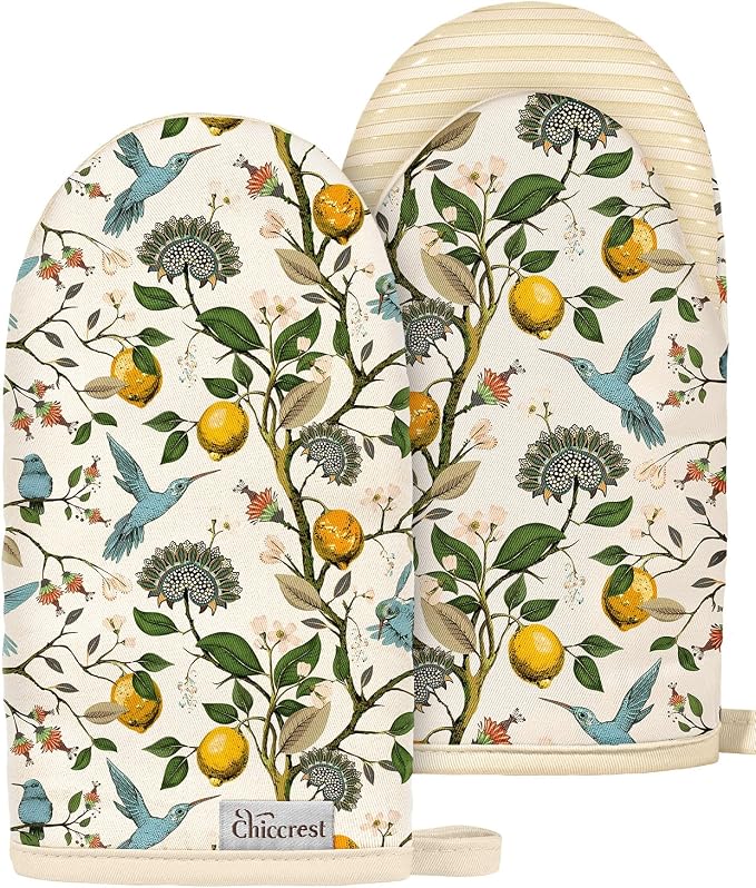 100% Thick Cotton Mini Oven Mitts Silicone Grip Lemon & Birds | Elegant Classic Oven Mitts for Women, Machine Washable, Non-Slip, Reversible Design Fits Both Hands, Stylish Kitchen Decor
