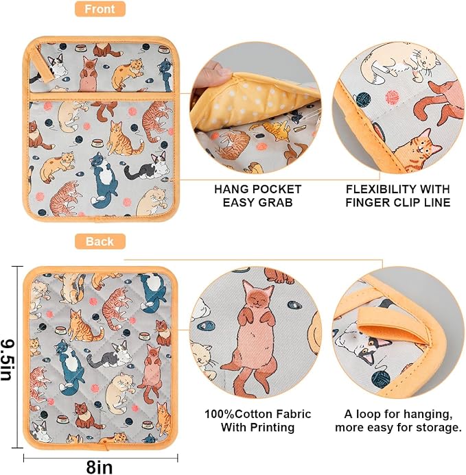 Pot Holders Set of 2 Heat Resistant 480℉ Kitchen 100% Cotton | Comfortable Lining Printing Fox Flower Women Men Home Cooking Baking Microwave BBQ Gift (Cat potholder)