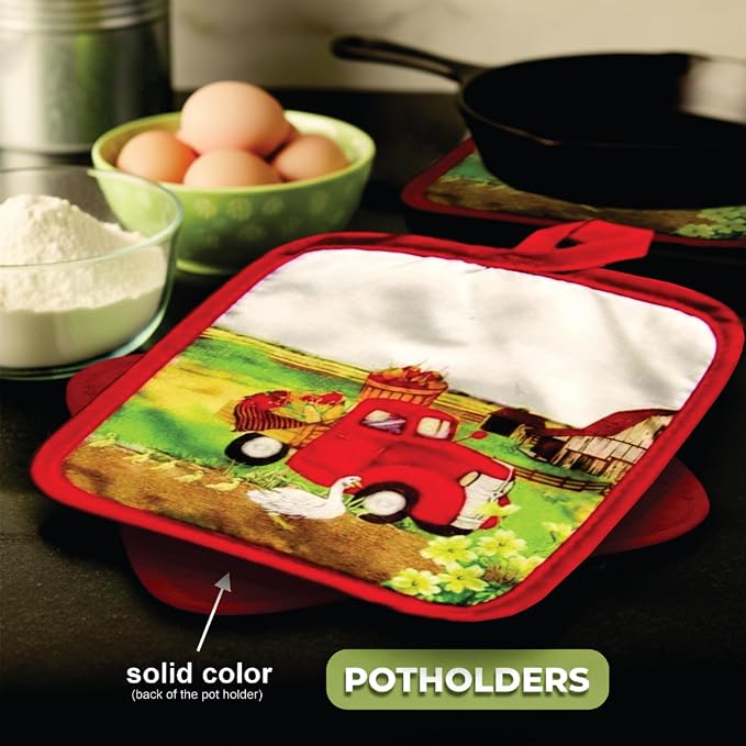 Lobyn Value Pack Vintage Red Truck Design, 5 Piece Set | Kitchen Towel Set with 2 Decorative Dish Towels (25 X15), 1 Oven Mitt (11 X 7) and 2 Potholders (6.5 X 6.5)