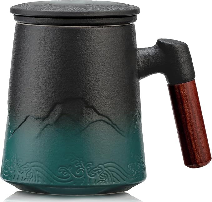 suyika Tea Cup with Infuser and Lid, Gradient Black & Blue, 15.2oz /450ml | Ceramic Mug, Wood Handle, For Loose Leaf Tea