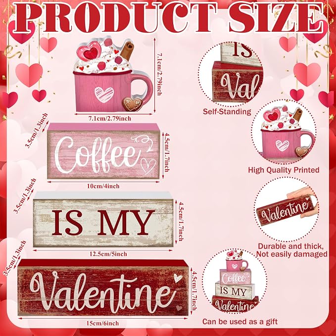 Lineshading 4 Pcs Valentine Coffee Wood Block Signs, Tiered Tray Decor | Rustic Farmhouse Stackable Blocks, Distressed Wood Finish, 3D Mug Topper, Kitchen Coffee Bar Tabletop Centerpiece