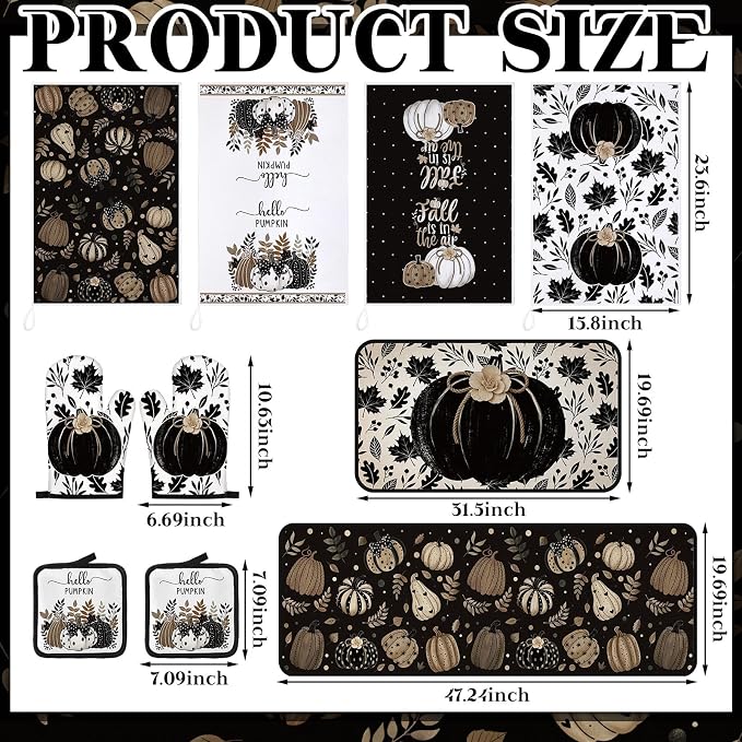 Fanfanwin 10 Pcs Fall Black Pumpkin Kitchen Decor Set Kitchen Towels Pot Holders Oven Mitts and Rugs Set Thanksgiving Towels for Cooking Baking Gift Harvest Autumn Home Decor