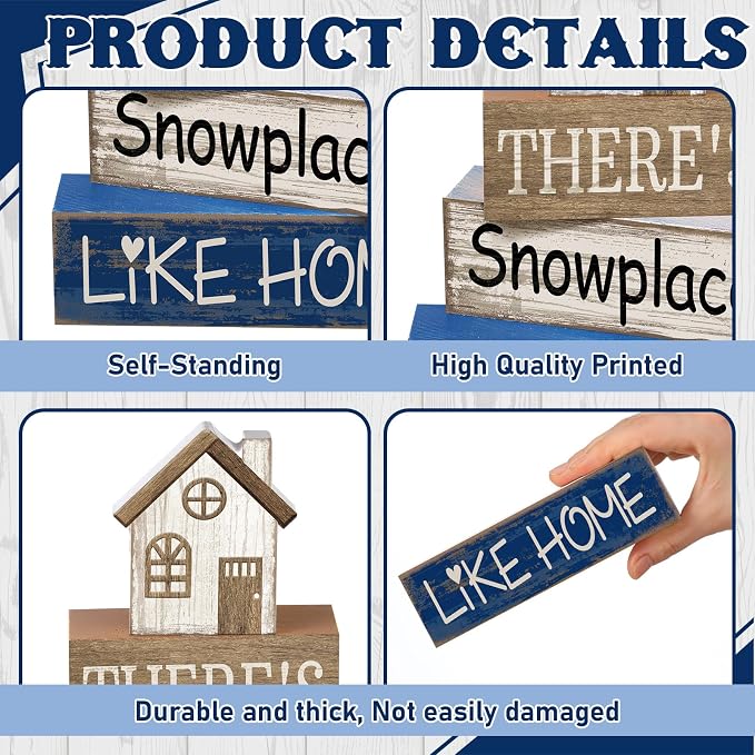 Lineshading 4 Pcs Wood Block Signs Farmhouse Tiered Tray Stacked House | Rustic Tabletop Signs with Winter Sentiment, Stackable for Shelf or Mantel, Seasonal Home Accent, Distressed Finish