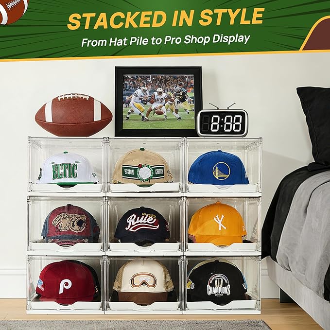 Vtopmart 1 Pack Stackable Baseball Caps Organizer, Each Holds 12 hats | with Sliding Drawer, Magnetic Door, Stackable, Transparent
