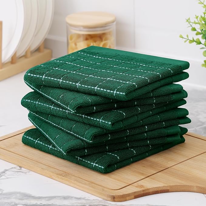 Homaxy 100% Cotton Terry Kitchen Dish Cloths, 12 Pack, Dark Green | Ultra Soft and Absorbent, Suitable for Drying and Washing Dishes