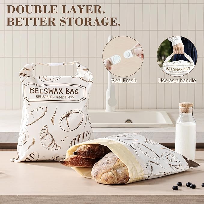 Beeswax Bread Bag, Reusable Bread Bags for Homemade Bread, 2 Pack Beeswax Bread Bags for Sourdough, Natural Cotton Sourdough Bread Bag, Large Capacity