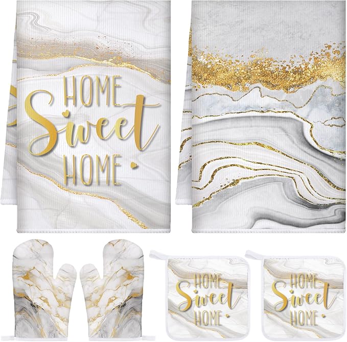 Bencailor 6 Pcs White and Gold Kitchen Decor White Marble Dish Towels Oven Mitts and Potholder Marble Kitchen Set for Baking Cooking Grilling Cleaning Supply Accessories