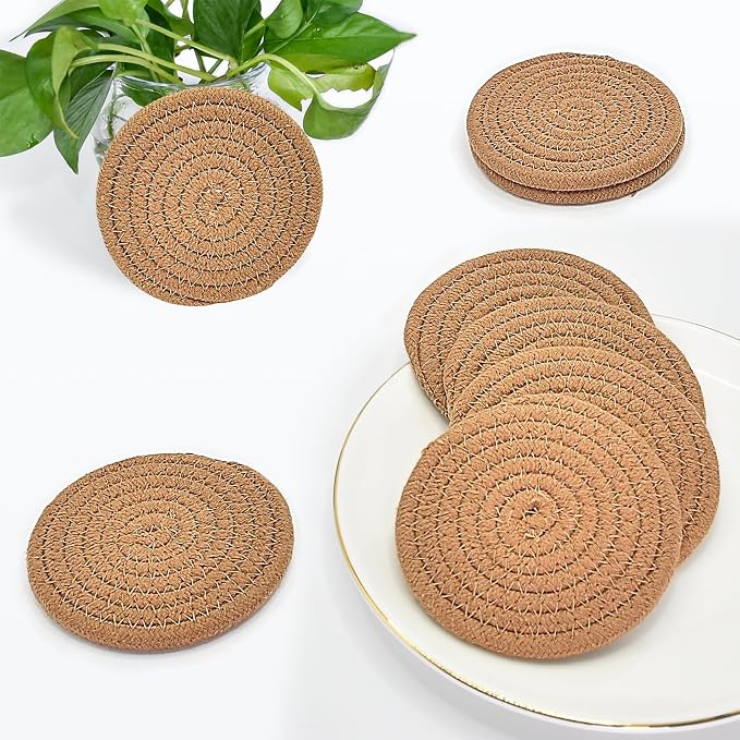 ABenkle Drink Coasters with Holder Set of 10, Cotton Woven Absorbent Coasters for Drinks, Minimalist Home Decor Coaster Set for Wooden Tabletop Protection Table, 4.3 inches