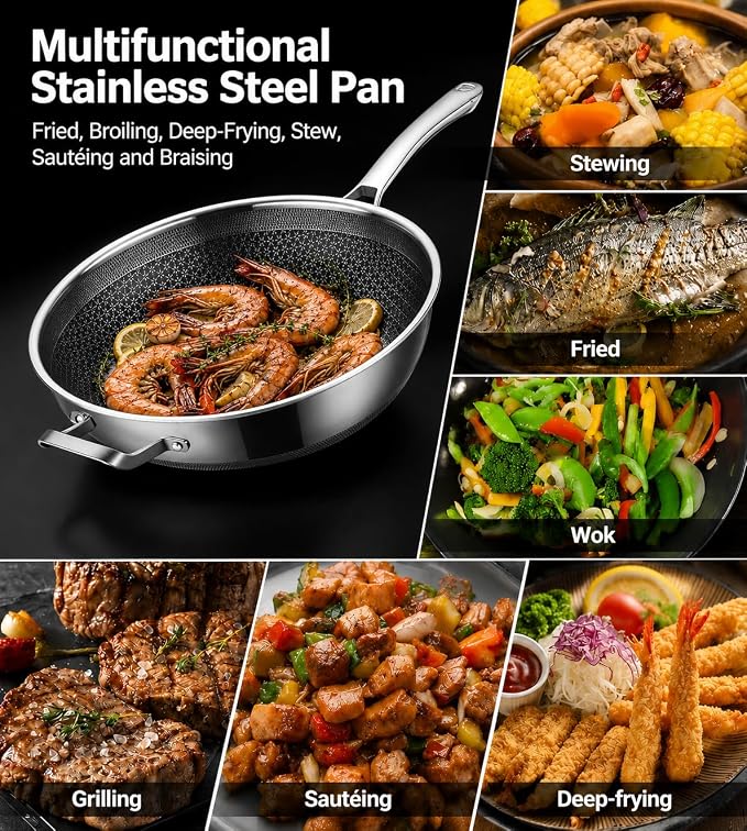 Toutrop Wok,13 Inch Hybrid Woks & Stir-Fry Pans Nonstick, Large Stainless Steel Wok with Lid,Induction Non Stick Woks,PFOA Free Cookware,Dishwasher And Oven Safe