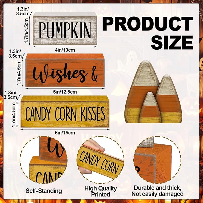 Lineshading 4 Pcs Fall Decoration For Home Wooden Candy Corn Stacked Blocks | Rustic Wood Blocks with Candy Corn Topper, Pumpkin Wishes Text, Tabletop Centerpiece for Thanksgiving Fall Home Decoration