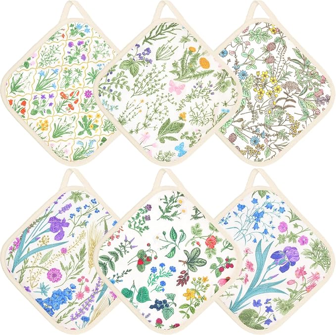 6 Pack Pot Holders 100% Cotton Heat Resistant Potholder, Machine Washable Pot Holder, Hot Pads, Table Pads for Cooking Baking (N)