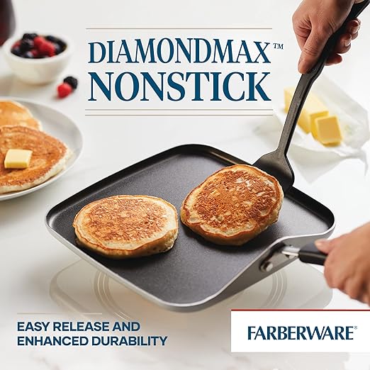 Farberware Cookstart Aluminum DiamondMax Nonstick Square Griddle Pan, 11-Inch, Silver