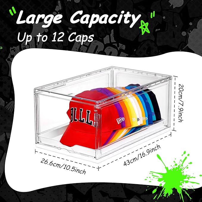 Vtopmart 4 Pack Stackable Baseball Caps Organizer, Each Holds 12 hats | with Sliding Drawer, Magnetic Door, Stackable, Transparent