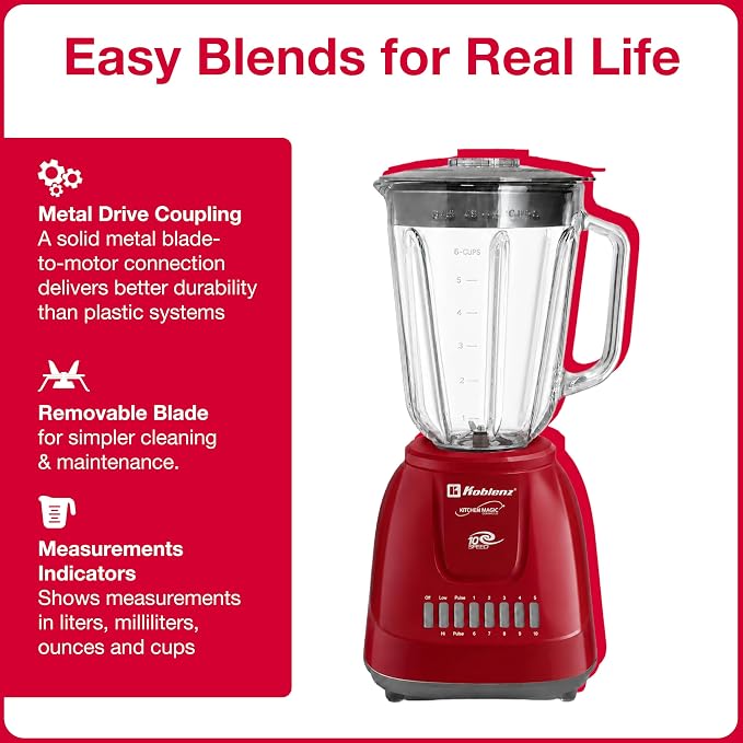 Koblenz LKM-5970 VR Blender, Home and Kitchen Appliances, 500W Motor, 51 Oz | Glass Jar, 10-Speed, Blender for Smoothies, Milkshakes, Purees, 4 Stainless Steel Blades, Metal Coupling, Red, For Gifts