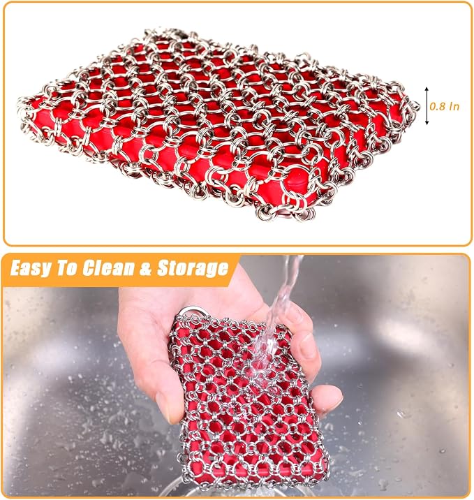 TEZZ Cast Iron Scrubber, Skillet Chainmail Scrubber for Cast Iron Pan - Chain Mail Scrubber Cast Iron Sponge - Metal Scrubber Cast Iron Skillet Cleaner, Wok, Frying Pans, Dutch Oven Cleaning Scrubber
