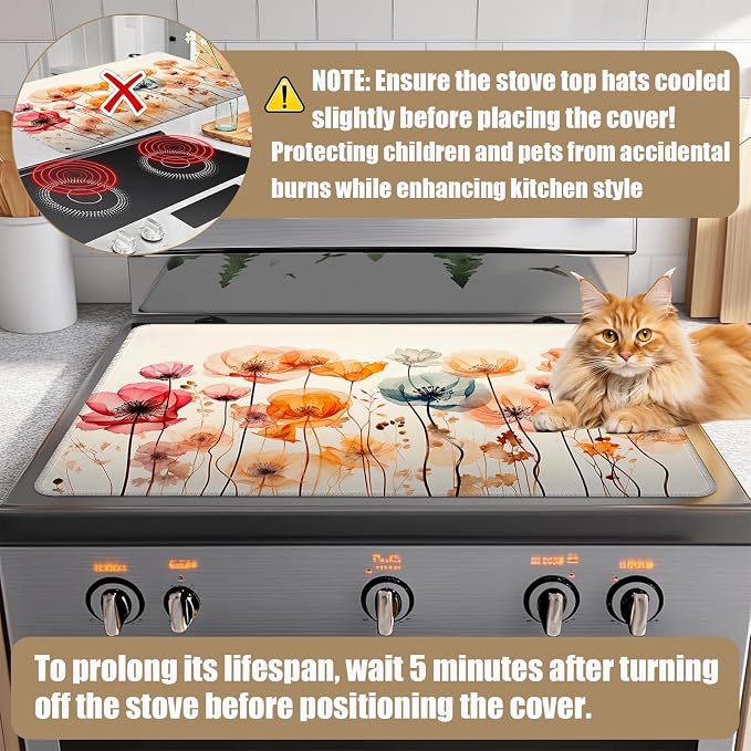 Colorful Poppy Floral Stove Top Covers for Electric Stove, Electric Gas Stove Pad Heat Resistant Range Cooktop Protector for Home Decor Kitchen 28"x20"