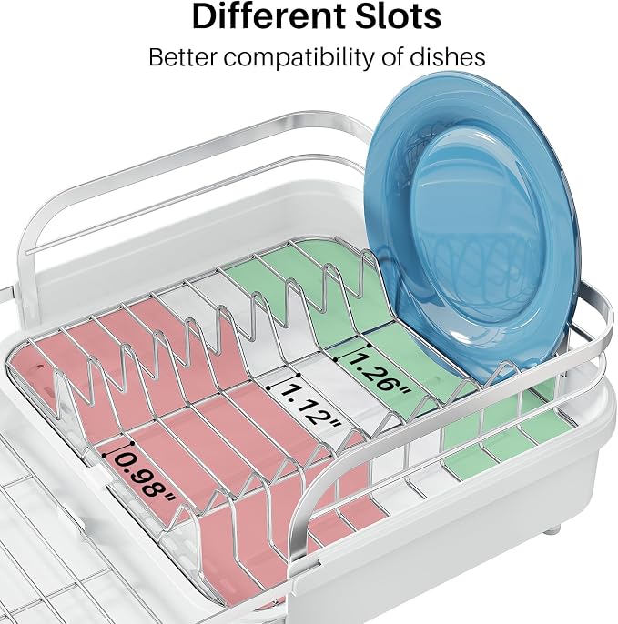 SNTD Expandable Dish Drying Rack for Kitchen Counter, 15.2-22.1 in, White | Rust-Resistant Stainless Steel, Protective Side Rails, Self-Draining Drainboard, Removable Utensil Holder