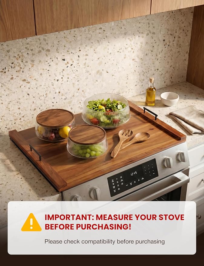 TIDITA 30"Lx22"W Acacia Stove Top Covers for Electric Stove, Metal Handles | Acacia Wood, Metal Handles, Non-Skid Pads, Easy Assembly, Wooden Noodle Board for Gas Stovetop, Gas Stove Cover, Multi-Use