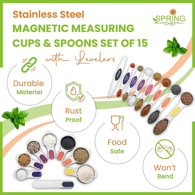 Spring Chef Magnetic Measuring Cups & Spoons Set of 15, Mountain Sunrise | Patented Nesting Stainless Steel Measuring Cups & Heavy Duty Metal Measuring Spoons w/ Levelers for Dry & Liquid Ingredients