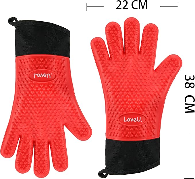 Silicone Oven Mitts Gloves - Heat Resistant, Non-Slip for BBQ, Grilling | 450°F Double-Layer｜Waterproof Kitchen Cooking Barbecue Mittens ｜5 Finger Hot Mitt for Baking, Smoker& Cast Iron(XL-XXXL)