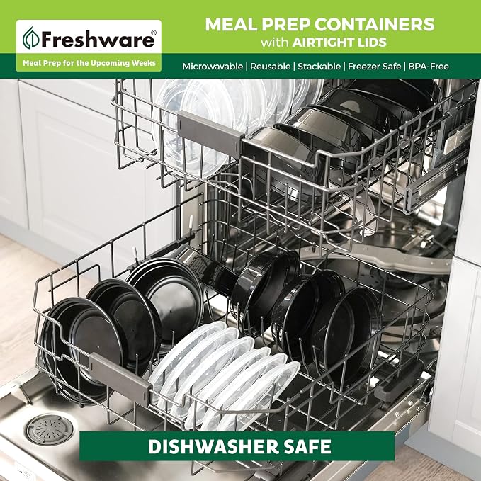 Freshware Meal Prep Containers with lids [150 Pack] Food Storage Containers, Bento Box, BPA-Free, Stackable, Microwave, Dishwasher, Freezer Safe, 32 Oz, Black