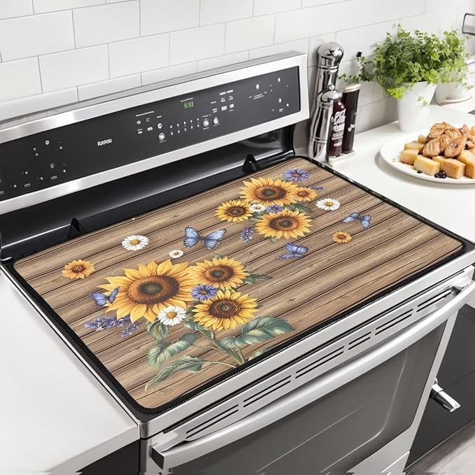 Sunflower Wood Multi-Purpose Stove Top Cover Silicone Thermal Mat for Electric Stove(30"x21") Scratch Resistant Glass Cooktop Protector & Dish Drying Mat