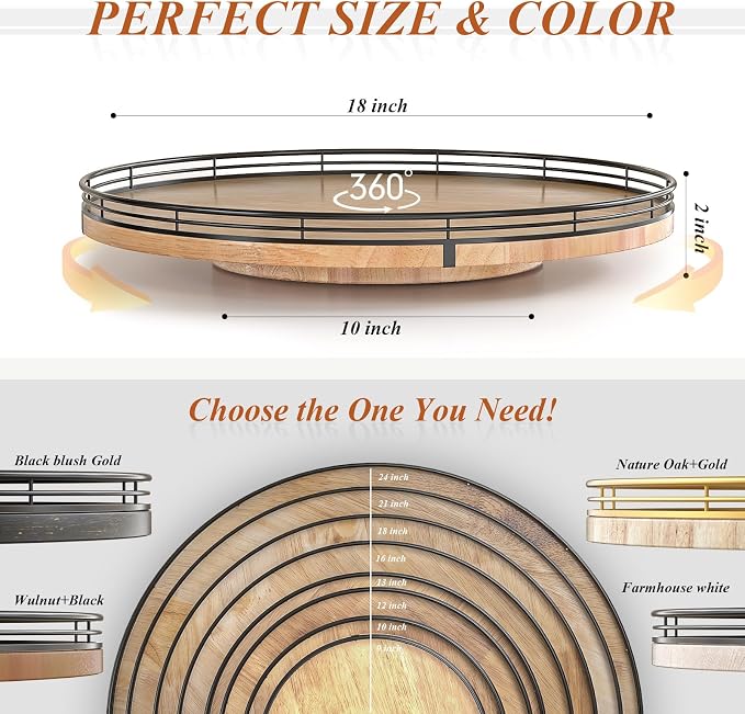 AMH 18-Inch Extra Large Farmhouse Oak Lazy Susan Organizer | Smooth rotating oak tray with walnut finish for dining tables, kitchen counters, pantries and cabinet storage.