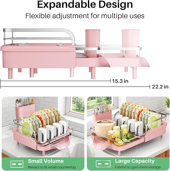 SAYZH Expandable Dish Drying Rack for Small Kitchen Counter, Pink | Stainless Steel, Protective Guardrail, Angled Drainboard, Fits High-Rim Sinks, Removable Utensil Holder