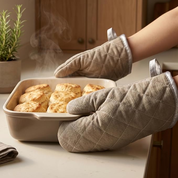 ARCLIBER Grey 9" Quilted Oven Mitts 1 Pair Heat Resistant Kitchen | Quilted Lining, 1 Pair, Heat Resistant, Classic, Cotton Blend, Cooking, Baking, Grilling, Non-Slip Grip