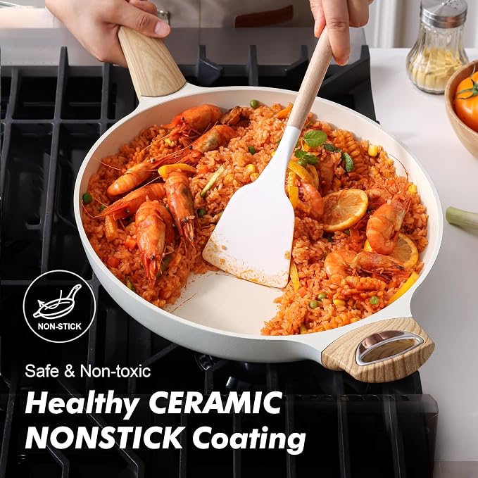 SENSARTE 12.5inch Ceramic Nonstick Frying Pan Skillet with Lid, White | Non Stick Omelet Pans, Non-toxic Healthy Kitchen Cooking Chefs Pan, PFOA/PFAS/PTFE Free, Induction Compatible