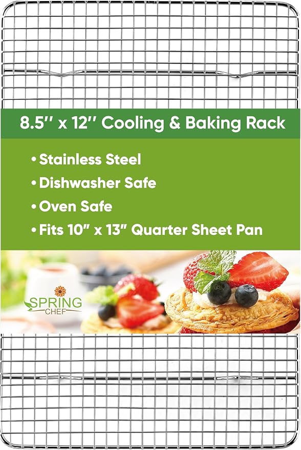 Spring Chef 8.5" x 12" Stainless Steel Cooling Rack for Cooking & Baking | Heavy Duty Cookie Cooling Rack for Kitchen, Oven Safe Wire Rack for Baking, Fits Small Quarter Sheet Pan, Dishwasher Safe