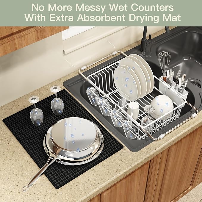 White Dish Drying Rack Over The Sink with Utensil Holder, Mat | Expandable Stainless Steel Dish Drainer for Small Kitchen, Apartment, RV, Counter Space Saving, Perfect Fit, Rustproof