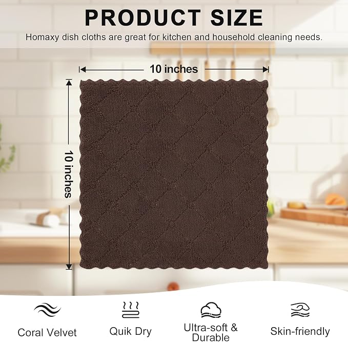 Homaxy 12 Pack Super Soft & Absorbent Dish Cloths, 10" x 10", Brown | Coral Velvet, Nonstick Oil Fast Drying Microfiber Cleaning Cloth, No Lint Household Dishcloths