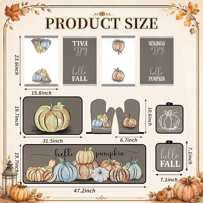 Fanfanwin 10 Pcs Fall Pumpkin Kitchen Decor and Accessories Set Kitchen Towels Pot Holders Oven Mitts and Rugs Set Thanksgiving Towels for Cooking Baking Gift Harvest Autumn Home Decor