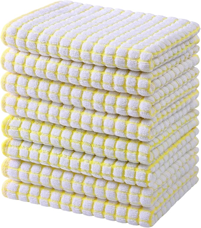 Mordimy Premium Cotton Kitchen Towels 16"x 25", Yellow Check Design, 8 Pack | Super Absorbent Terry Kitchen Hand Towels, Large Natural Ring Spun 360 GSM Dish Towels, Soft Tea Towels with Hanging Loop