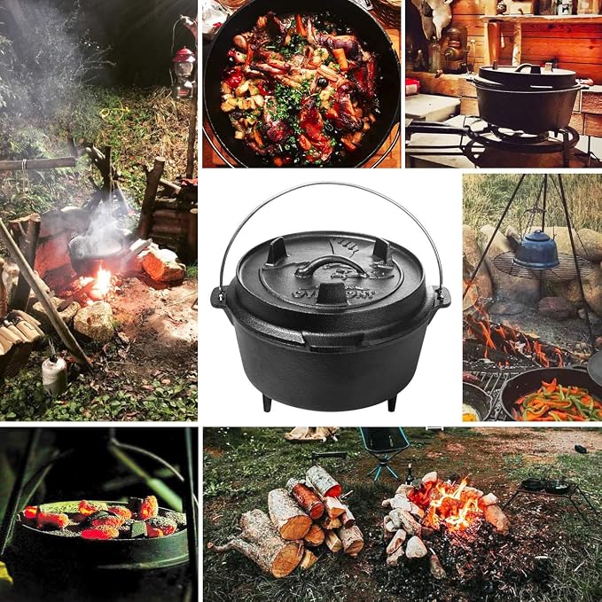 Overmont 6QT Cast Iron Dutch Oven - Pre-Seasoned Pot with Lid Lifter & Legs | Camping Dutch Oven with Cookbook, Cast Iron Pot with Skillet Lid Dual Handles, for Outdoor Campfire Cooking BBQ Grill Stove