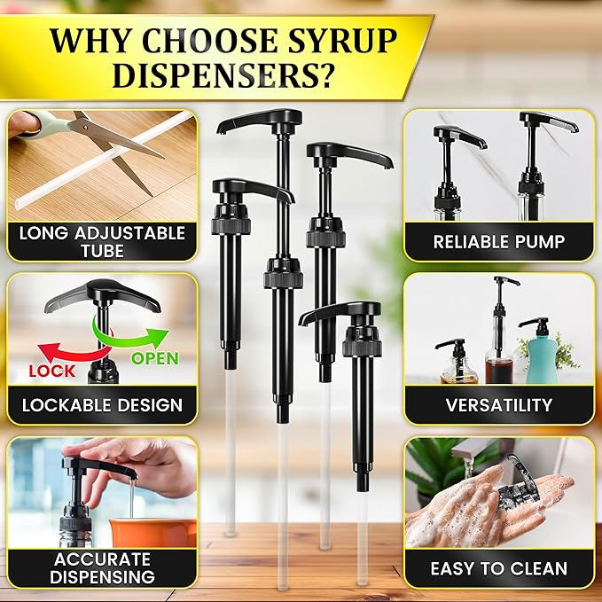 4 Pcs Coffee Syrup Pump Set for 750ml Bottles, Long Tube (Black) | Pumps for Syrup Bottles; 0.3 oz per Press; Food-Grade Plastic, Adjustable Tube, Lockable Mechanism; for Various Liquids
