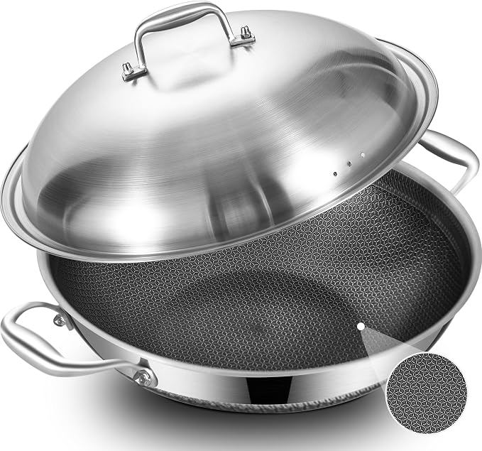 Hybird Nonstick Wok Pan with Steel Lid | 14.5-Inch | Rivented Handle | Non Toxic | Tri-Ply Stainless Steel | Ceramic Coating | Stir Fry Pan | Induction Compatible | Dishwasher & Oven Safe