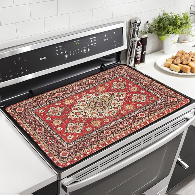 Vintage Red Boho Floral Stove Top Covers for Electric Stove, Bohemia Ethnic Style Glass Stovetop Cover with Lanyard Rug Carpet Pattern Countertop Protector Mat for Kitchen 28 x 20 Inch